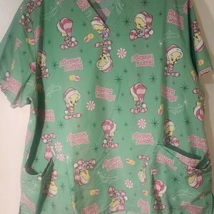 Green Tweety Christmas Scrub Top